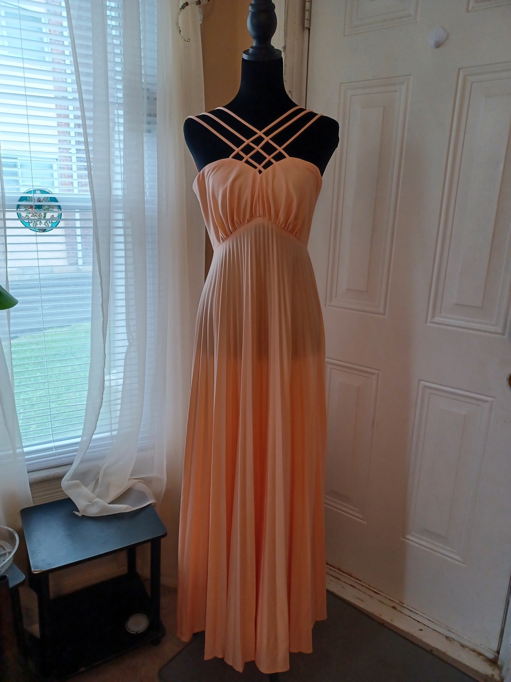 Vintage 1970s Peach Strappy Pleated Maxi Dress - Brand Unspecified